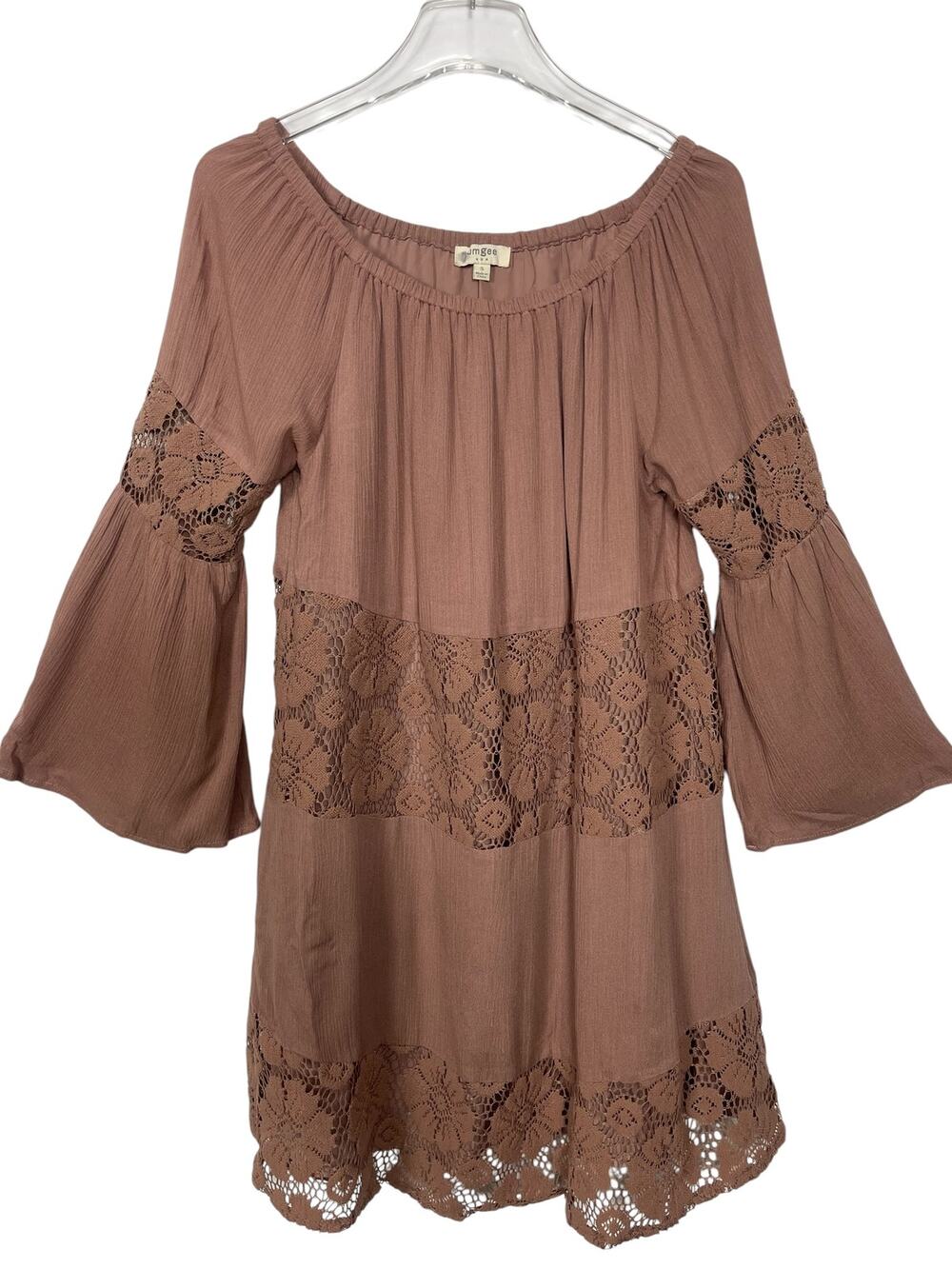 Umgee Lace Crochet Boho Mini Dress Bell Sleeves Brown Size Small